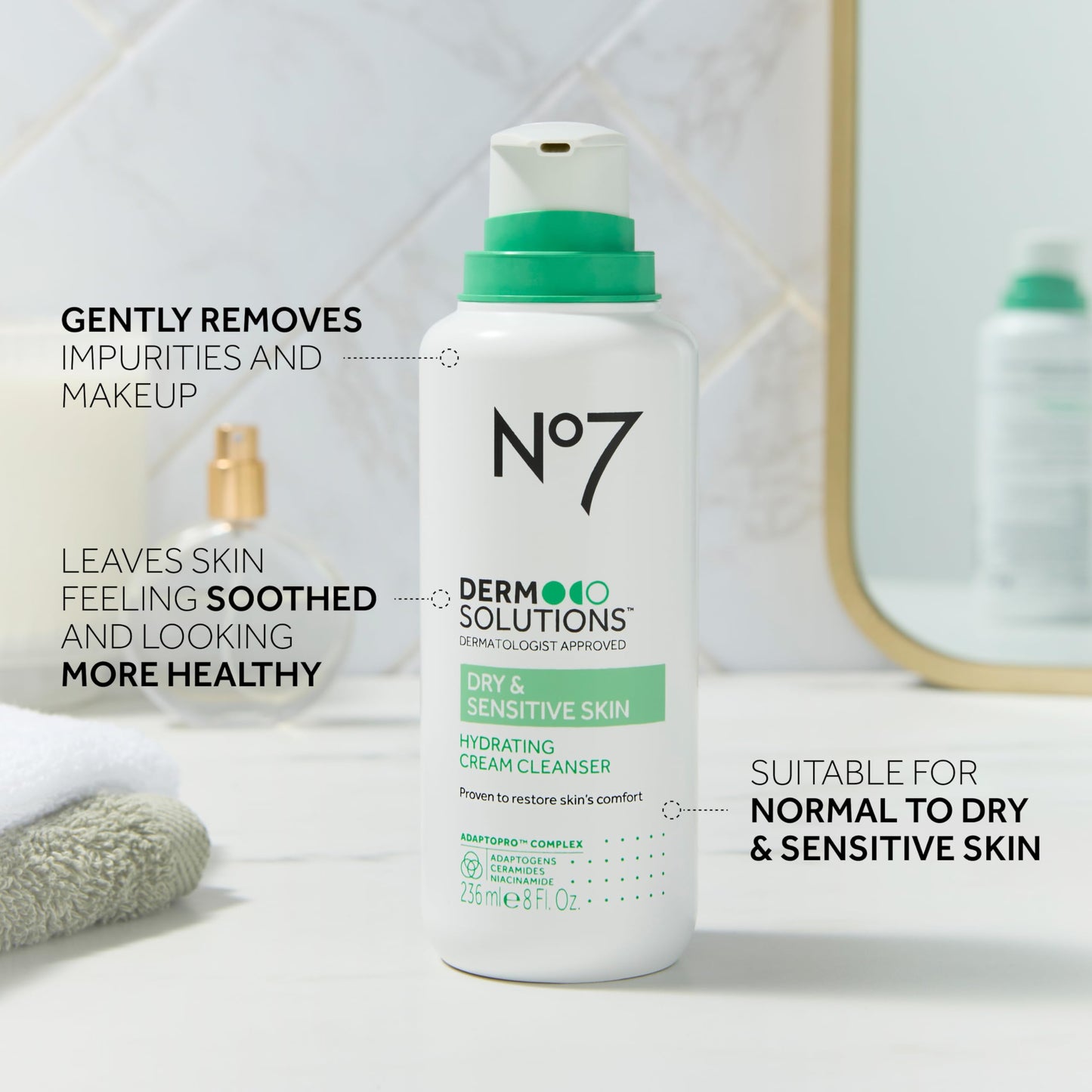 No7 Derm Solutions Hydrating Facial Cleanser & 100hr Face Moisturizer - With Ceramides, Niacinamide & Adaptogens to Maintain Skin's Moisture Barrier - For Dry & Sensitive Skin (2-Item Bundle)