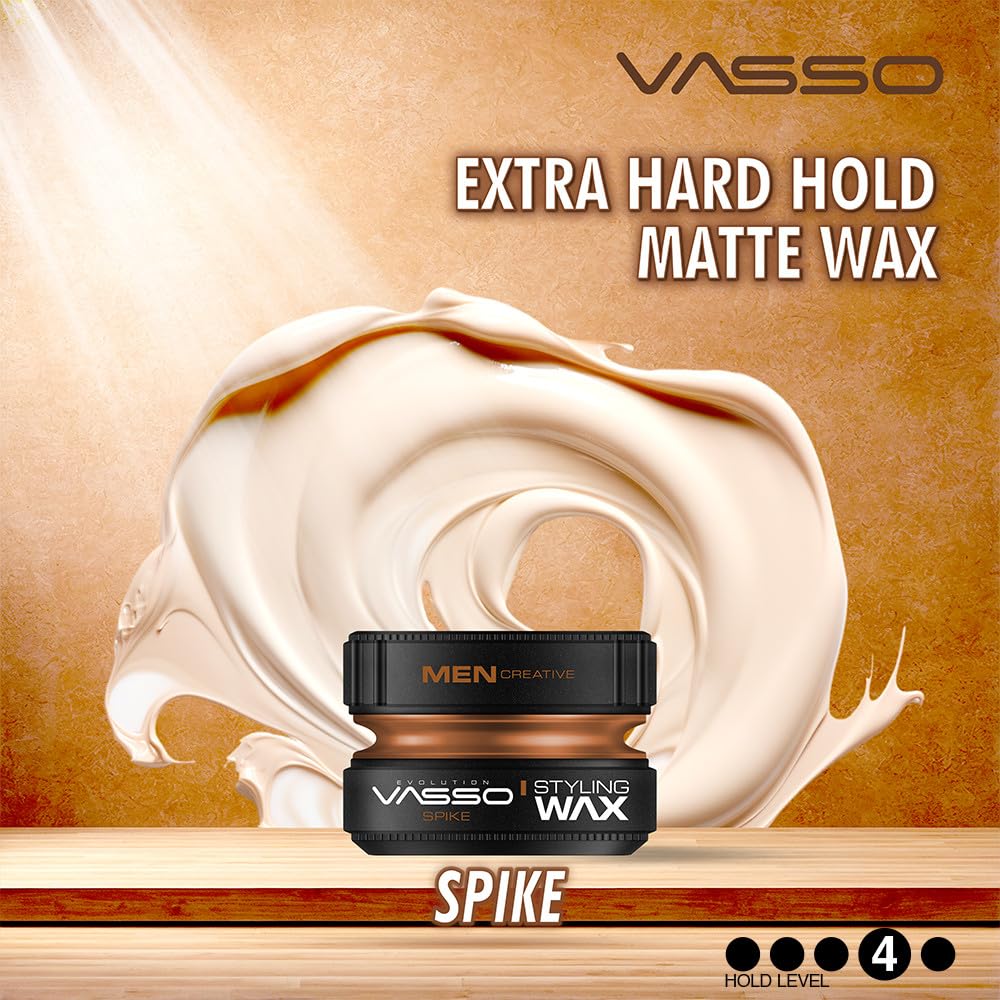 Vasso Clay Spike Hair Styling Wax for Men, Ultra Matte Strong Hold Clay Wax, Water Based Texturizing Hair Clay for All Hair Types, Long Lasting Barber Style Finish, 5.07 fl oz (150 ml)