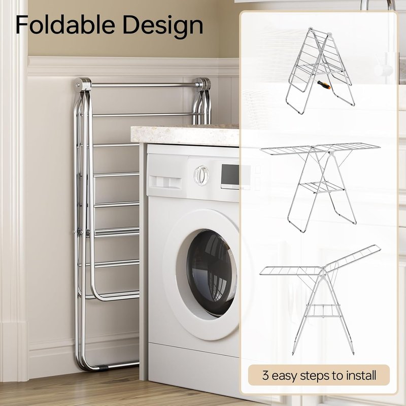 Folding Clothes Drying Rack - Stainless Steel, Height-Adjustable, Space-Saving | Indoor/Outdoor Use, Chrome Finish