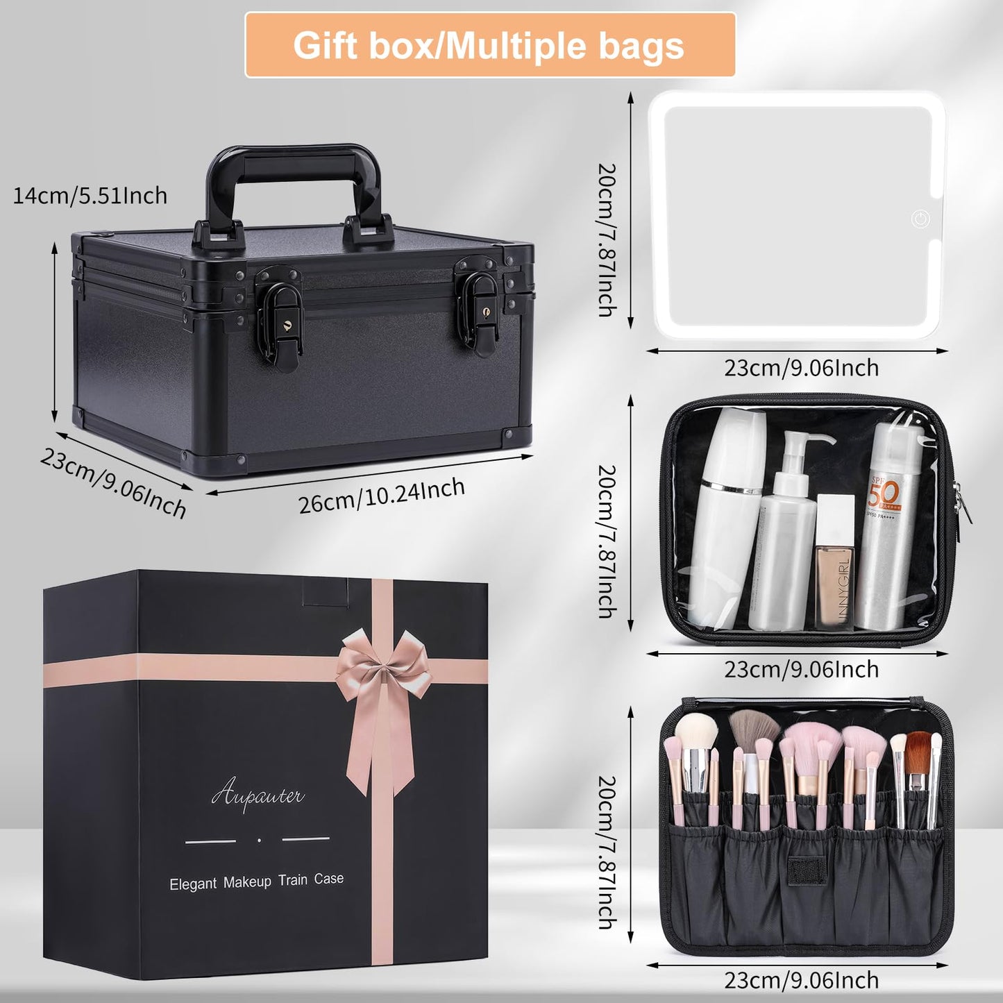 Makeup Box with Led Mirror,Travel Train Hard Case with Rechargeable Lighted Mirror Adjustable Dividers,Cosmetic Organizer Storage Bag for Makeup Artists,Appropriate Gift for Women and Girls,Black