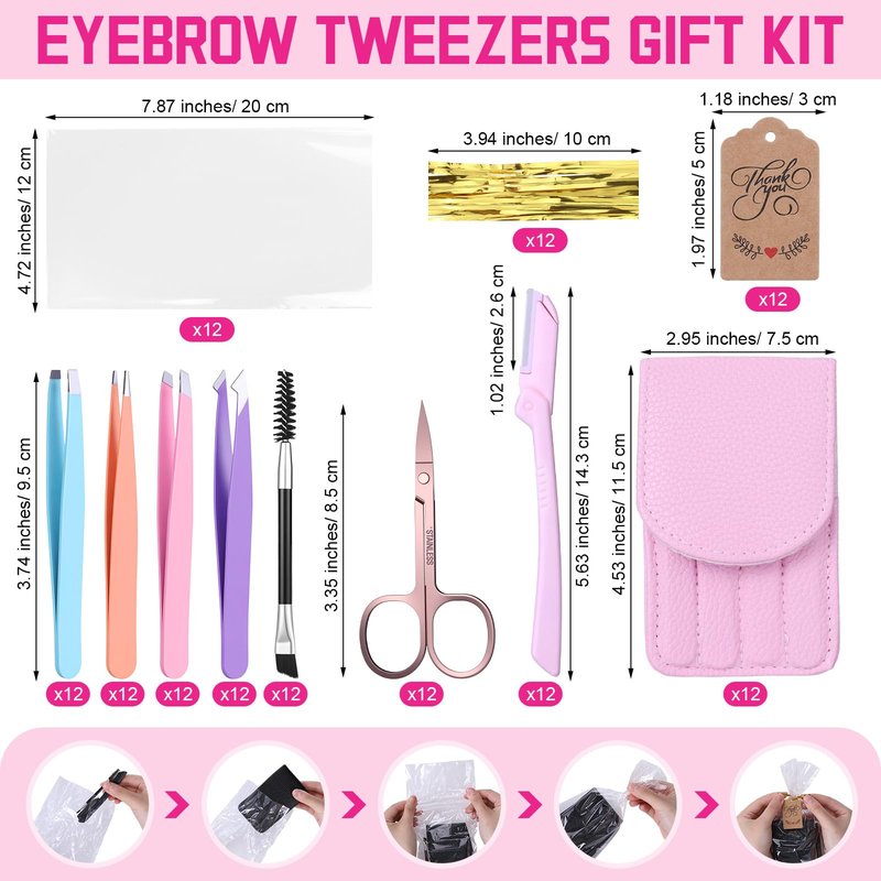 Lanties 12 Set 6 Pcs Eyebrow Tweezers Kit Christmas Stocking Stuffers Professional Stainless Steel Tweezers Set for Women and Men Facial Hair Splinter and Ingrown Hair Removal(Pink)