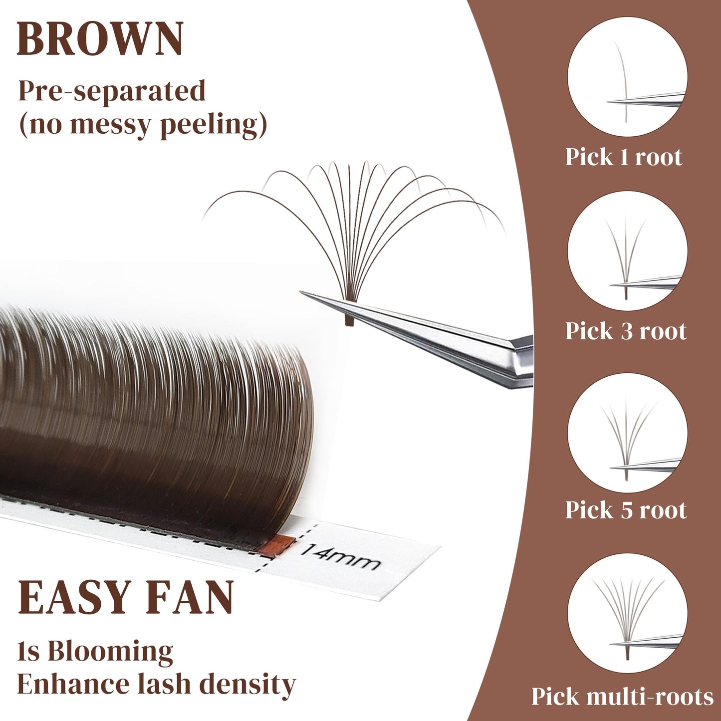 CoMango Dark Brown Easy fan Eyelash Extension Colored Lash Extensions C Curl Easy fan Lashes 8-14mm Mixed Lash Tray Volume Lash Extensions Self Fanning Colored Eyelash Extensions(Brown,0.07-C-8-14MM)