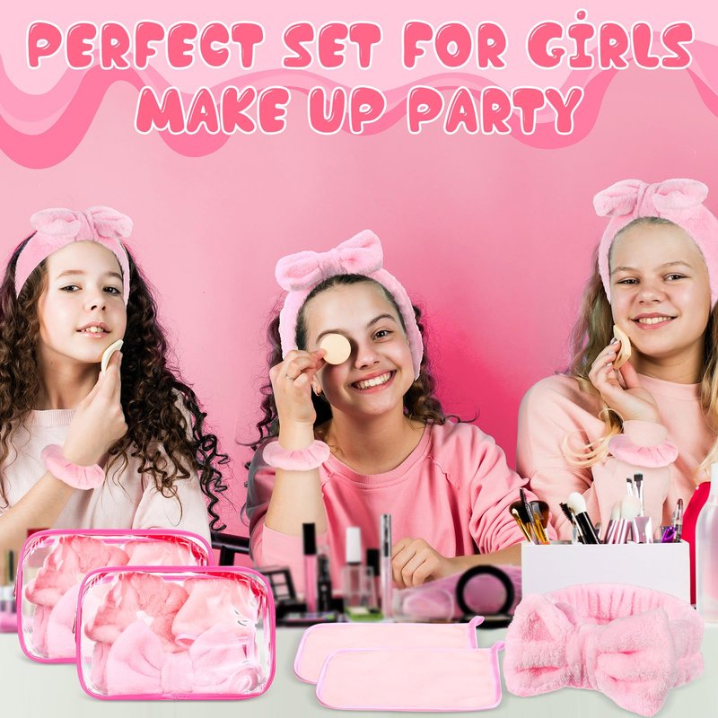 Mimorou 24 Pieces Sleepover Party Supplies for Women Spa Party Favors 6 Spa Headband 6 Velvet Scrunchies 6 Makeup Remover Cloth 6 Clear Cosmetic Bags for Mother Day Slumber Wedding Birthday(Pink)