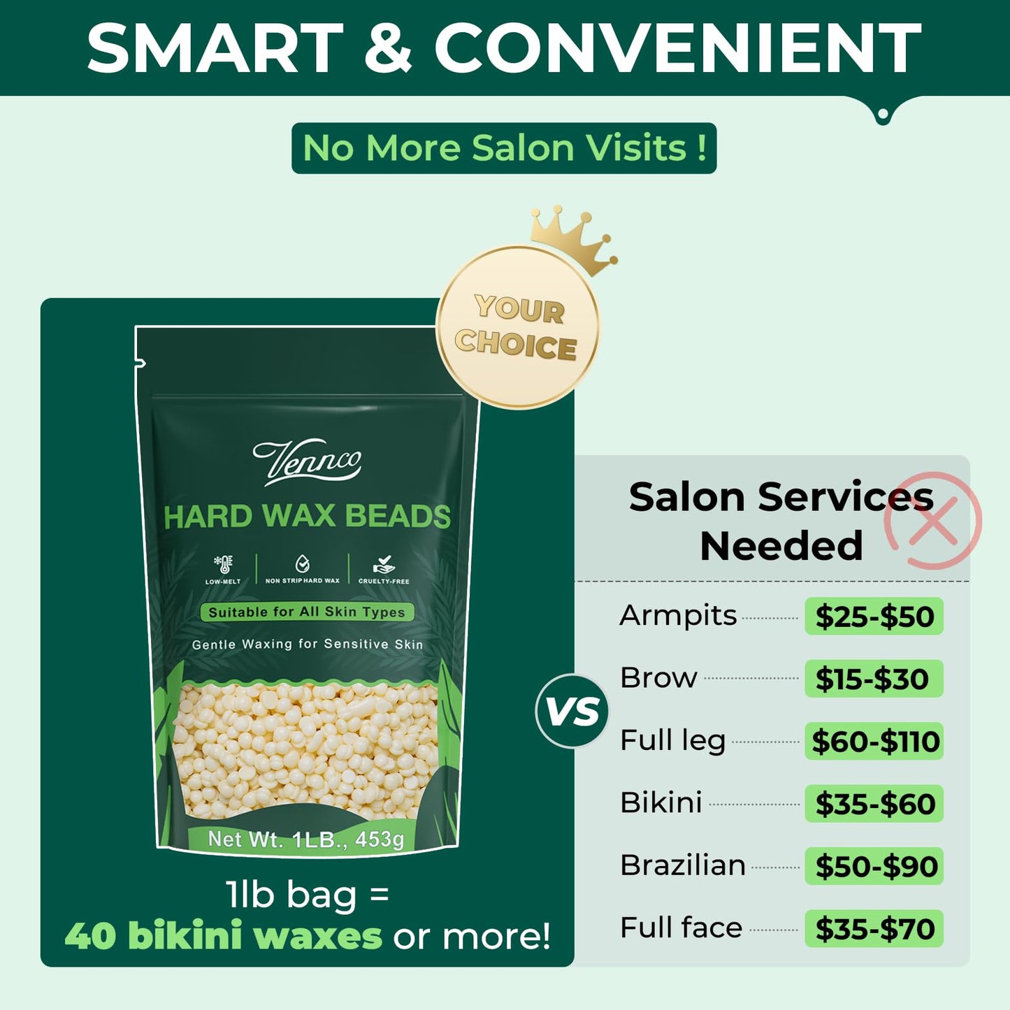 VENNCO 1lb Cream Wax Beads for Hair Removal, Hard Wax Beads Refill for Fine Hair and Detail Areas, Designed for Eyebrow Facial Bikini and Body Waxing at Home, Stripless Low Temperature Wax