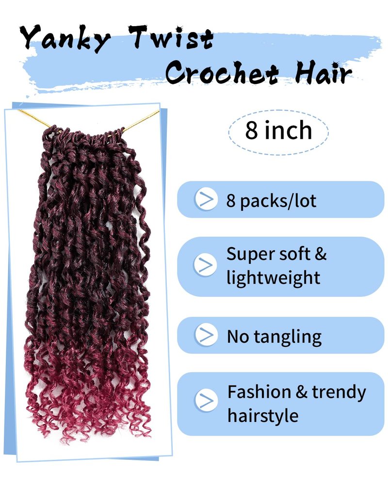 Eerya 8 Inch Yanky Twist Crochet Hair for Women 8 Packs Fluffy Prelooped Senegalese Spring Mini Yankee Yaki Twists Crochet Braids Synthetic Braiding Hair Extensions (8 inch, T1B/4/30)