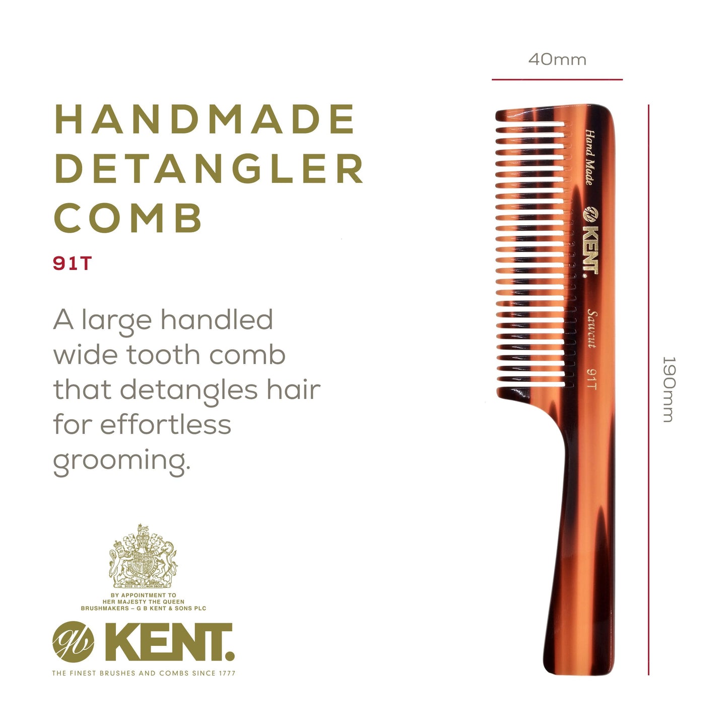 Kent 91T Wide Tooth Women’s Detangler Comb for Curly, Wavy, and Thick Hair – Ideal for Use on Wet Hair – Gentle, Shower Comb with Large Handle – Anti-Static, Smooth - Styling Tool by Kent