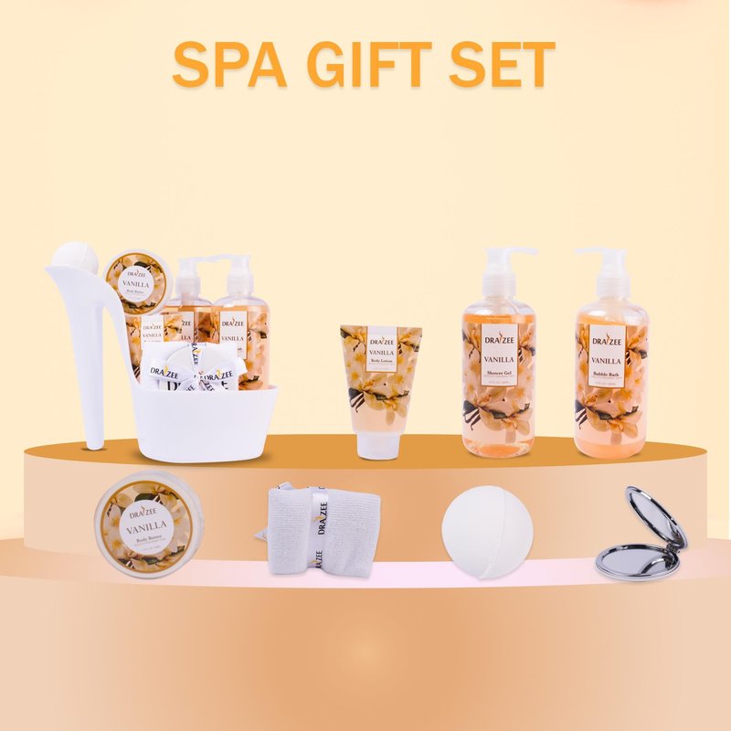 Mother’s Day Gift Baskets for Women, 8 Pc Vanilla Scented Spa Gift Set, Heel Shoe Bath Basket, Luxury Bath and Body Set, Relaxing Self Care Kit for Mom, Home Spa Gift for Her by Draizee