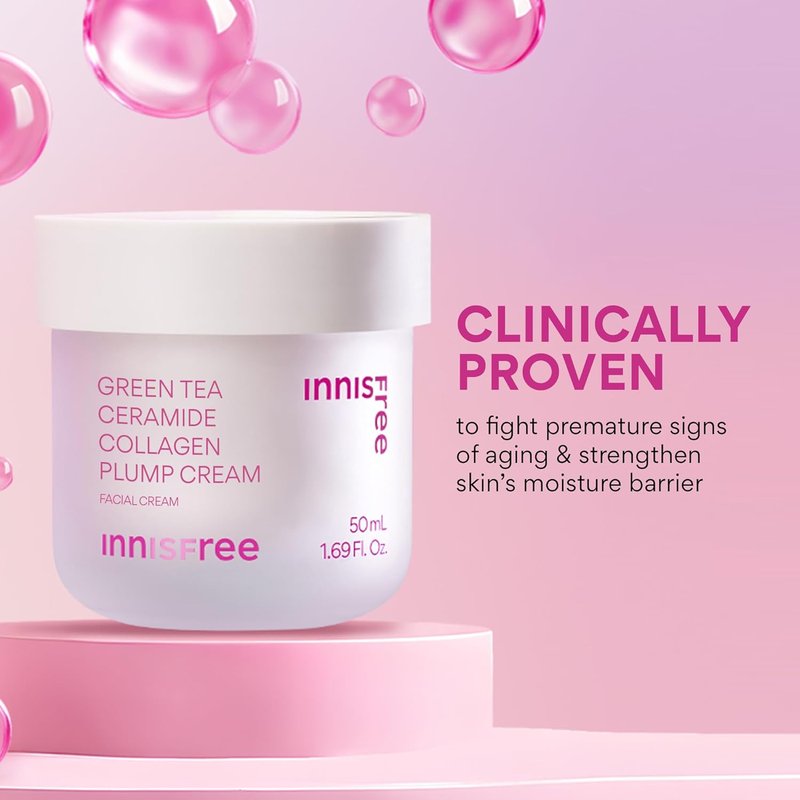 Innisfree Green Tea Ceramide Collagen Plump Cream - Korean Face Moisturizer for Youthful Skin Glow