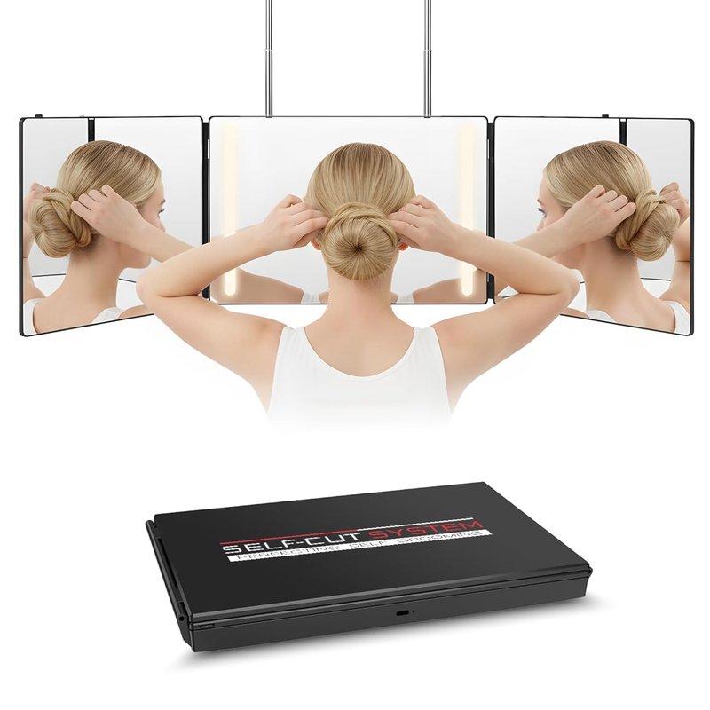 Self-Cut System 3-Way Mirror with LED Lights - 360° Trifold Design for Men & Women | Impact-Resistant, Fits Standard Door, 14” L x 1” W - Black