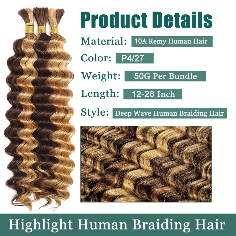Human Braiding Hair - Deep Wave Bulk 12 Inch Brazilian Virgin Hair Weave | 3 Bundles, No Weft, Curly Extensions
