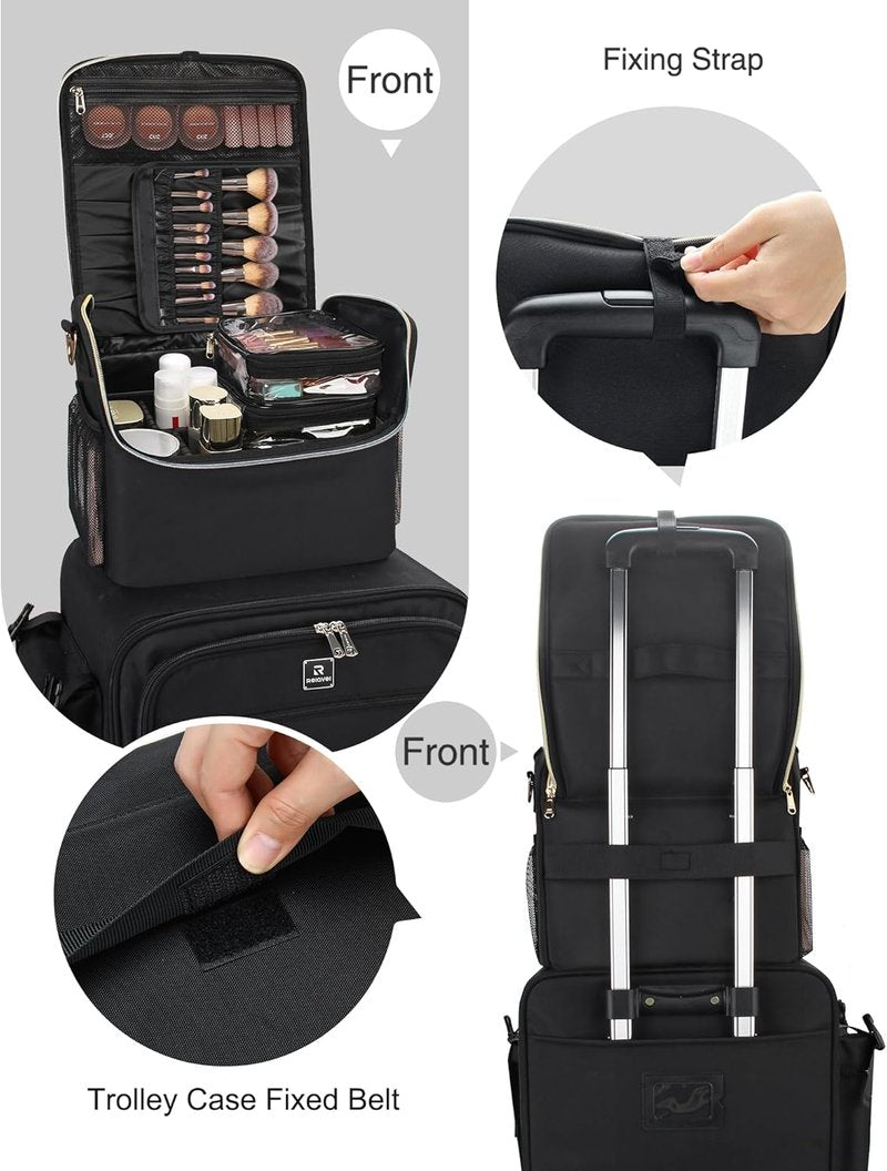 Makeup Carrying Train Case - Professional Makeup Organizer with Adjustable Dividers & Shoulder Strap | Black