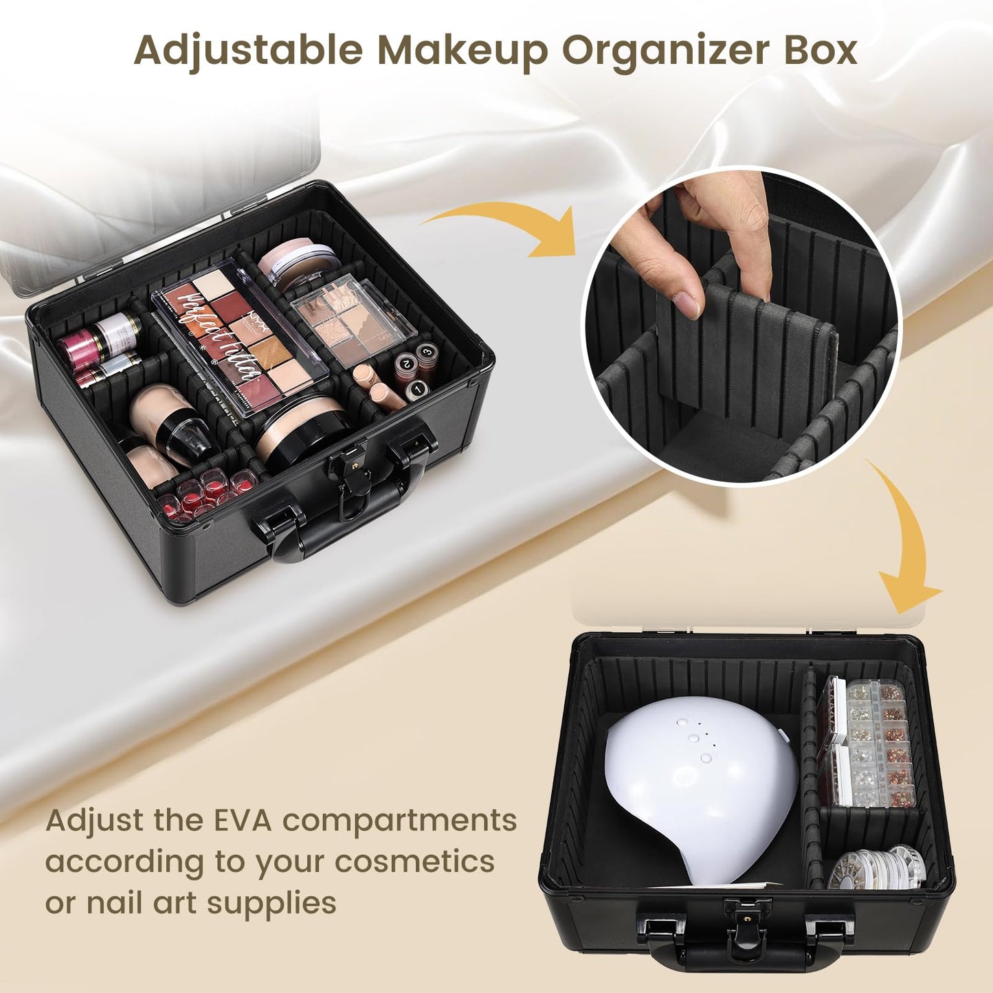 Faquenc Makeup Case with Lighted Vanity Mirror, Makeup Organizer Box Travel Make up Case with LED Mirror Portable Cosmetic Train Case for Countertop Lockable Makeup Suitcase with Adjustable Dividers