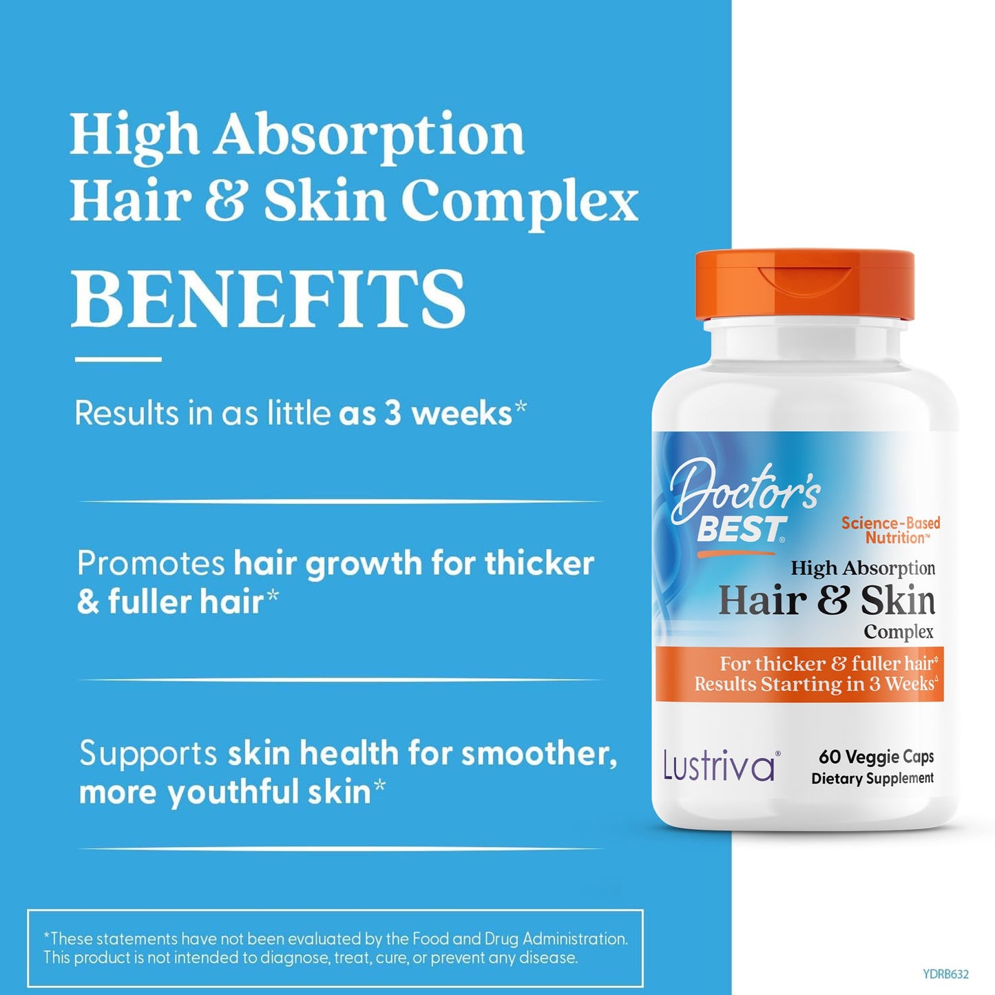 High Absorption Hair & Skin Complex, Clinically Shown to Grow Thicker, Healthier Hair in 3 Weeks, Supports Hair Growth & Skin Health, Non-GMO, Gluten Free, Soy Free, Vegan, 60 Veggie Capsules