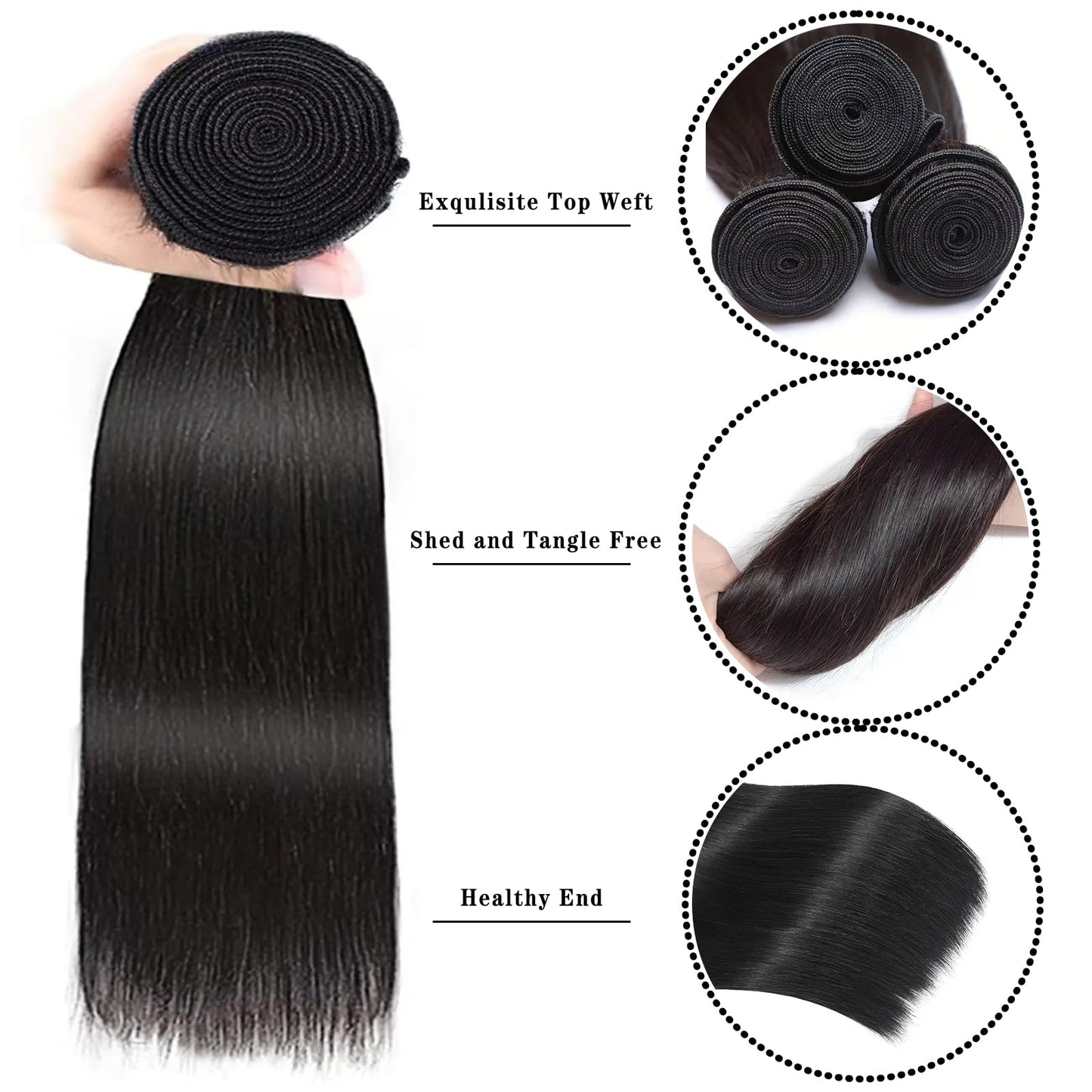 Straight Human Hair Bundles 10 12 14 Inch Brazilian 3 Bundles Deals Human Hair 100% Unprocessed Virgin Hair Double Machin Weft for Black Women Natural Black Color Hair Extensions