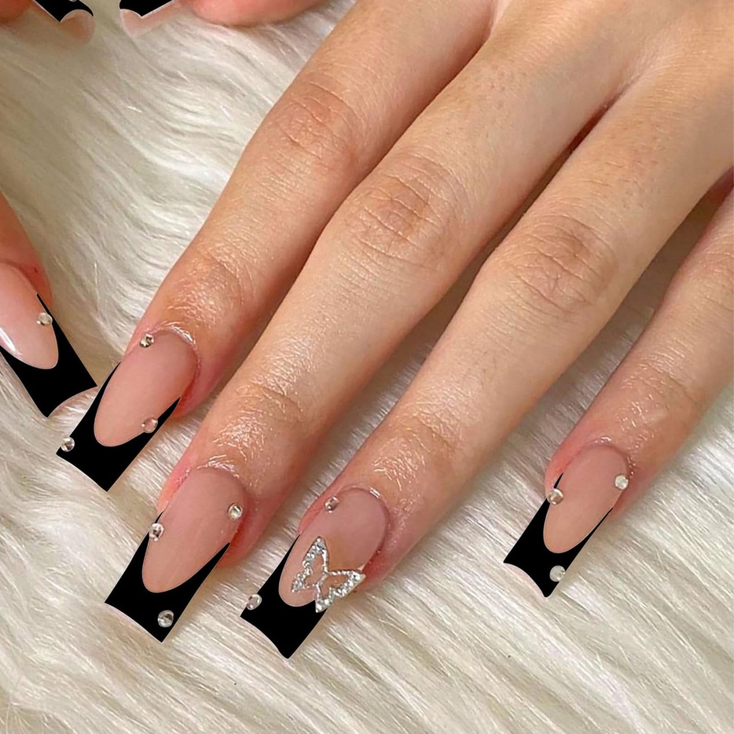 MABKJLF White French Tip Fake Nails - Square, Glossy Acrylic Nails with Butterfly Rhinestones Designs - 24 Pcs
