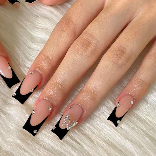 MABKJLF White French Tip Fake Nails - Square, Glossy Acrylic Nails with Butterfly Rhinestones Designs - 24 Pcs