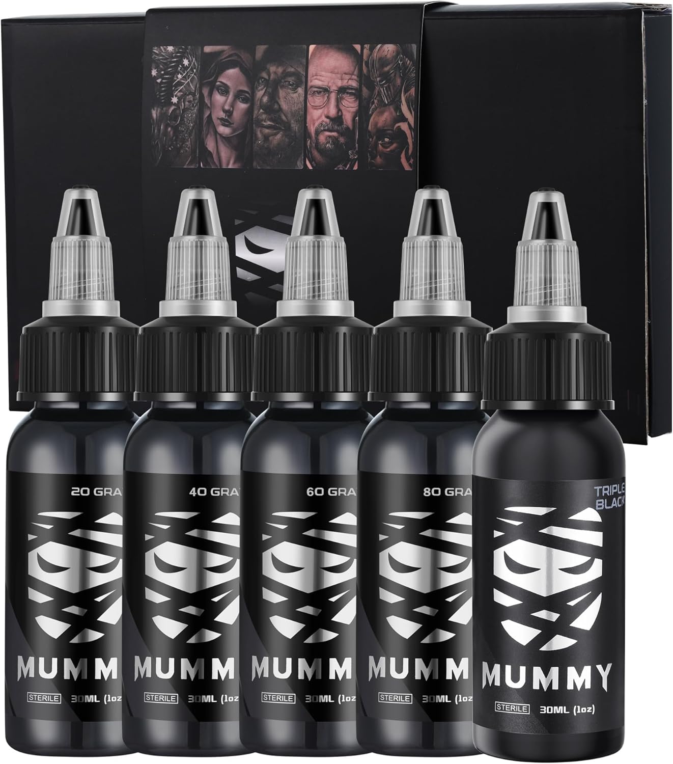 Mummy Tattoo Ink Set - 5 Bottles of Greywash & Triple Black - 1 oz Each for Professional Use