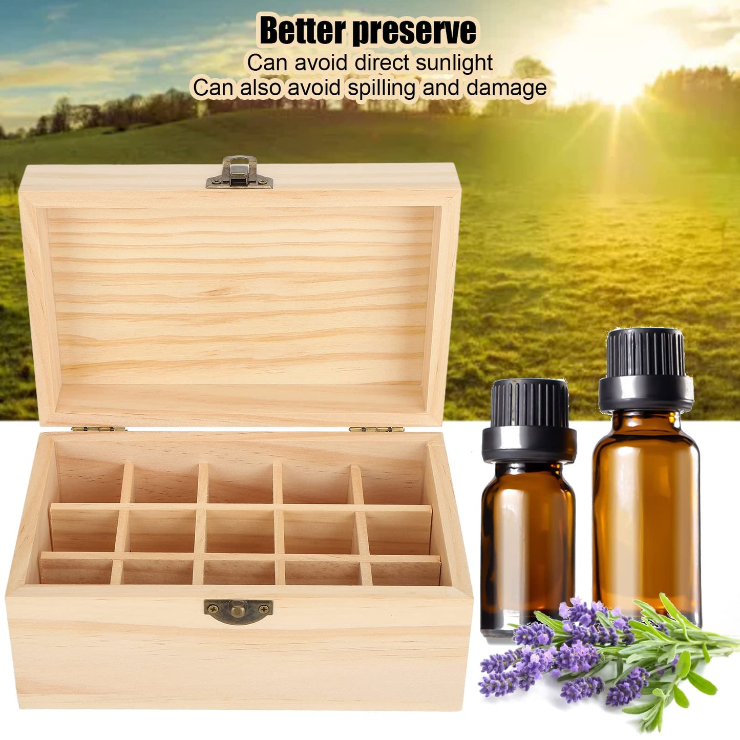 FILFEEL Wooden Essential Oil Bottle Storage Box, Large Capacity 15 Slot Essential Oil Storage Case Pine Wood Essential Oils Organizer Holder for Home, 18.2 x 11.5 x 9 cm