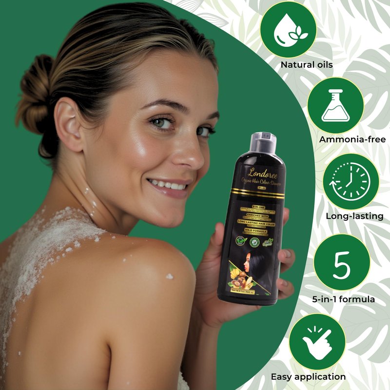 Londoree 5-in-1 Hair Dye Shampoo 500ml Black | Ammonia-Free Grey Coverage with Vitamin E, Argan Oil & Collagen – Colors, Moisturizes, Repairs & Reduces Hair Fall in Just 15 Minutes