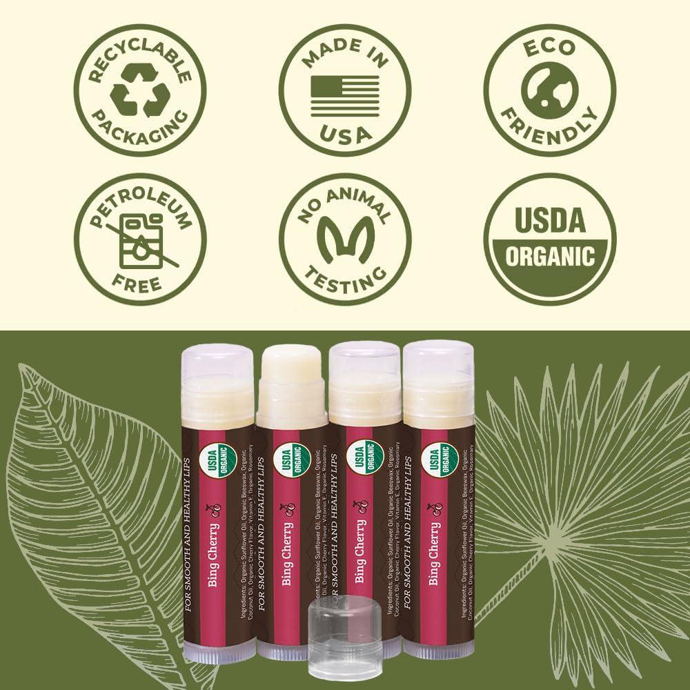 Earth's Daughter USDA Organic Cherry Lip Balm 4-Pack- Cherry Flavor - Beeswax, Coconut Oil, Vitamin E - Best Lip Repair Chapstick for Dry Cracked Lips.