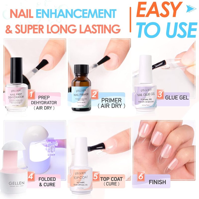 Gellen Gel Nail Extension Kit - Square Acrylic Tips & Top Coat | Complete Nail Art Set for Manicure