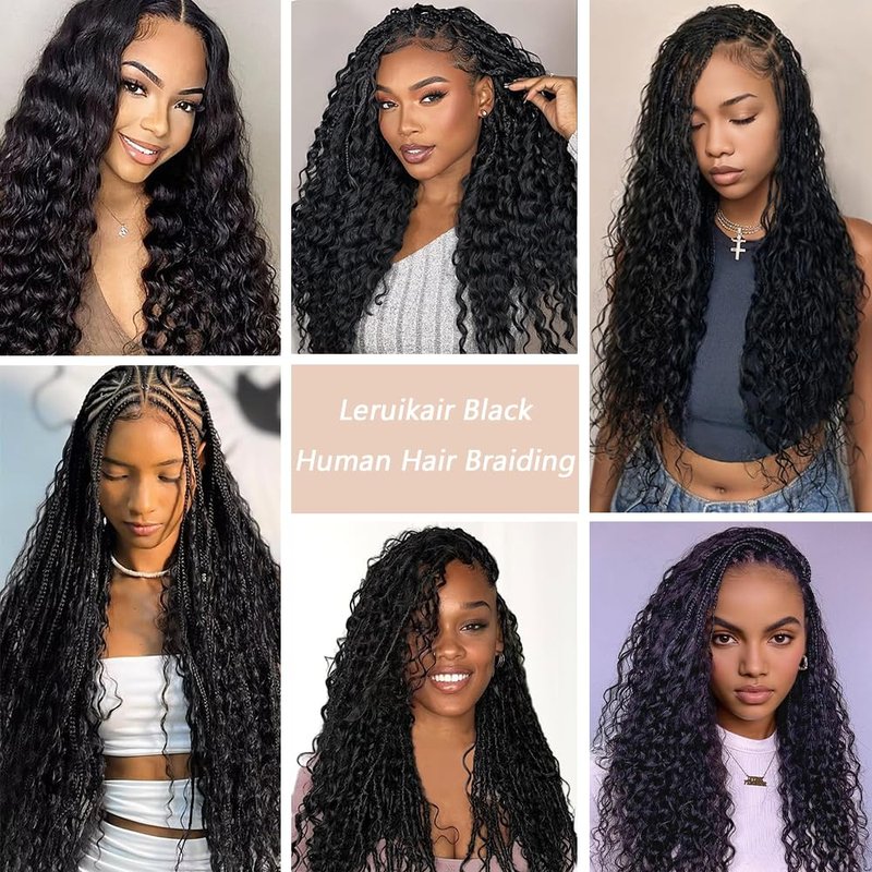 Leruikair Deep Wave Natural Black Human Braiding Hair 50g Per Bundle 2 Pcs Total 100g 16 Inch Brazilian Virgin Bulk No Weft Braiding Human Hair Natural Color for Black Women