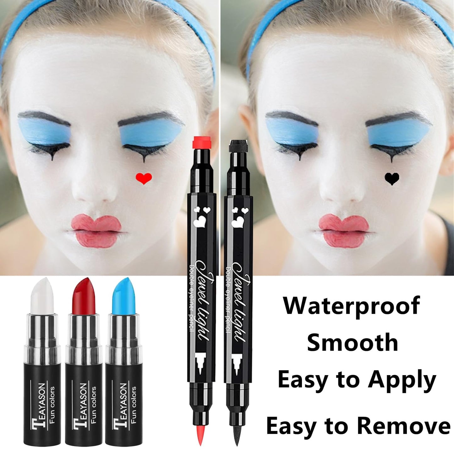 Go Ho Red White and Blue Multi-use Lip Face Paint Stick,2PC Red&Black Hearts Eyeliner Stamp,Heart-shaped Earrings and Necklace Kit,Queen Cosplay Halloween Costumes Party Accessories for Women