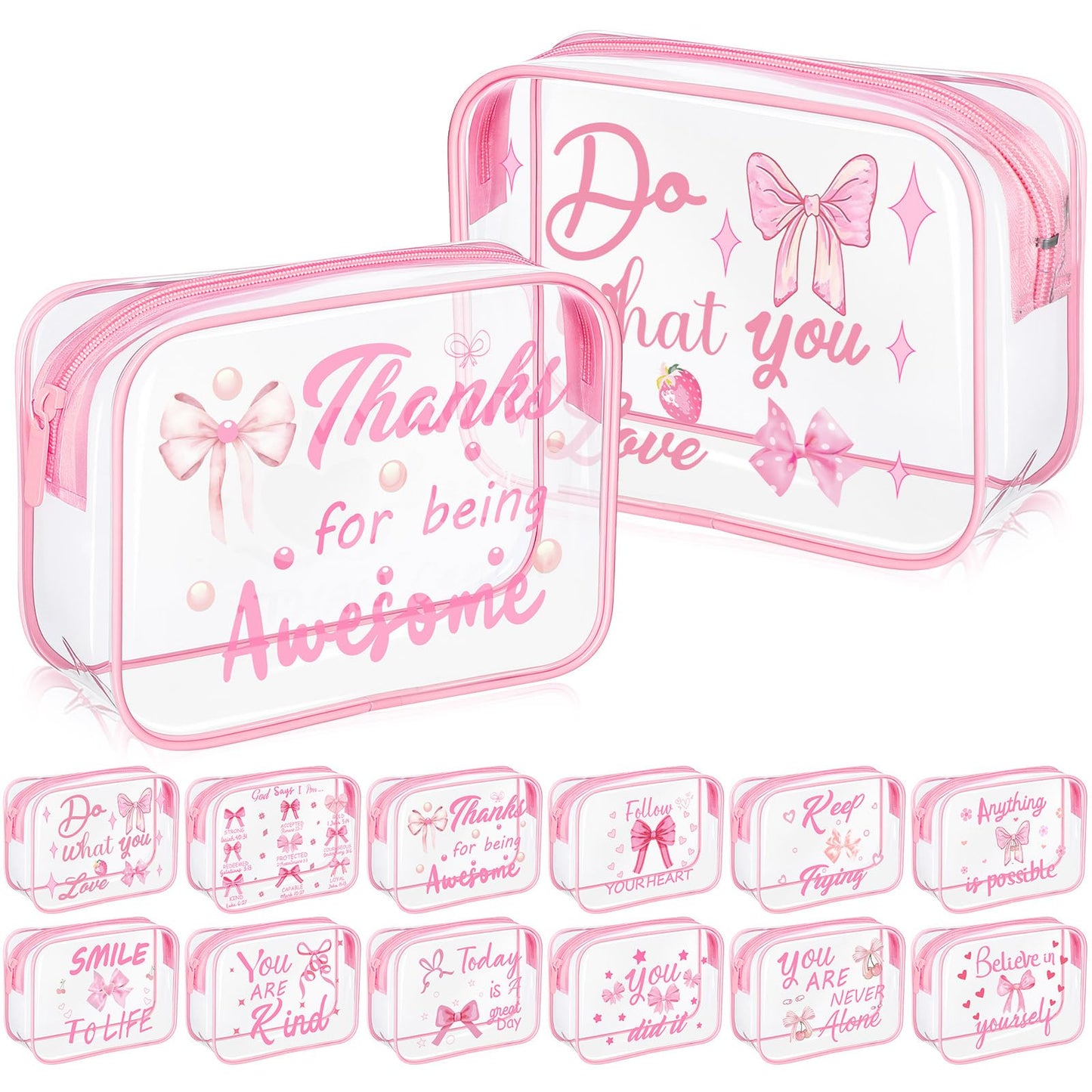 Kacctyen 12 Pcs Clear Makeup Bags Flower Bulk Inspirational Quotes Waterproof Portable with Toiletry Zipper Pink Clear PVC Travel Pouch Encouragement Quotes Bags Appreciation Gift for Mother Nurse