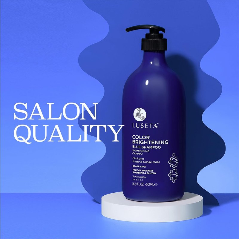 Luseta Color Brightening Blue Shampoo - Neutralizes Brassy Tones for Brunettes | 16.9oz, Sulfate-Free