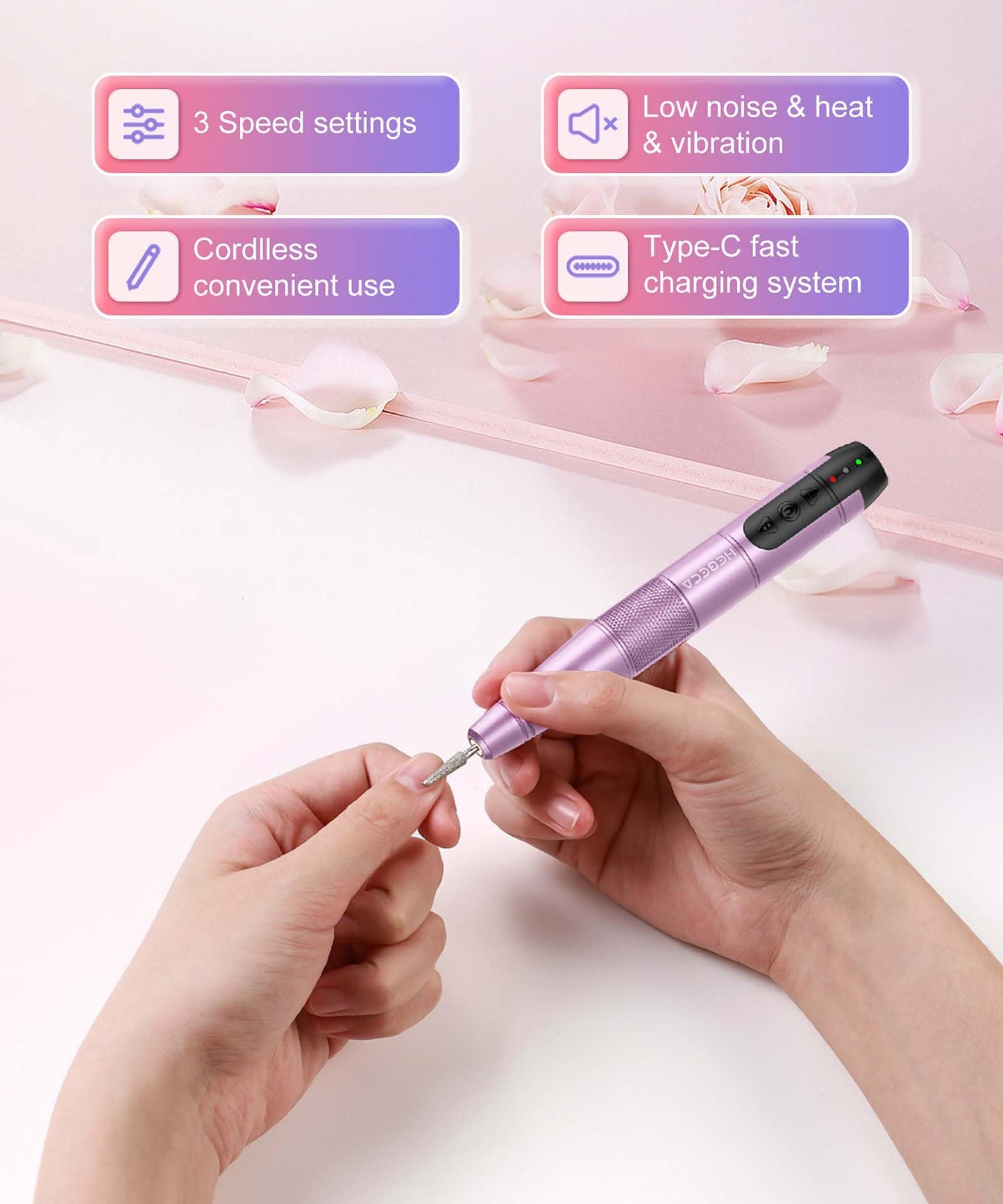 HEBECA Cordless Nail Drill Set, Electric Nail Files and Buffers Drill Nails for Natural or Acrylic Gel Nails - Rechargeable Nail File Nail Drill Machine Manicure Nail Dremel Kit (Purple)
