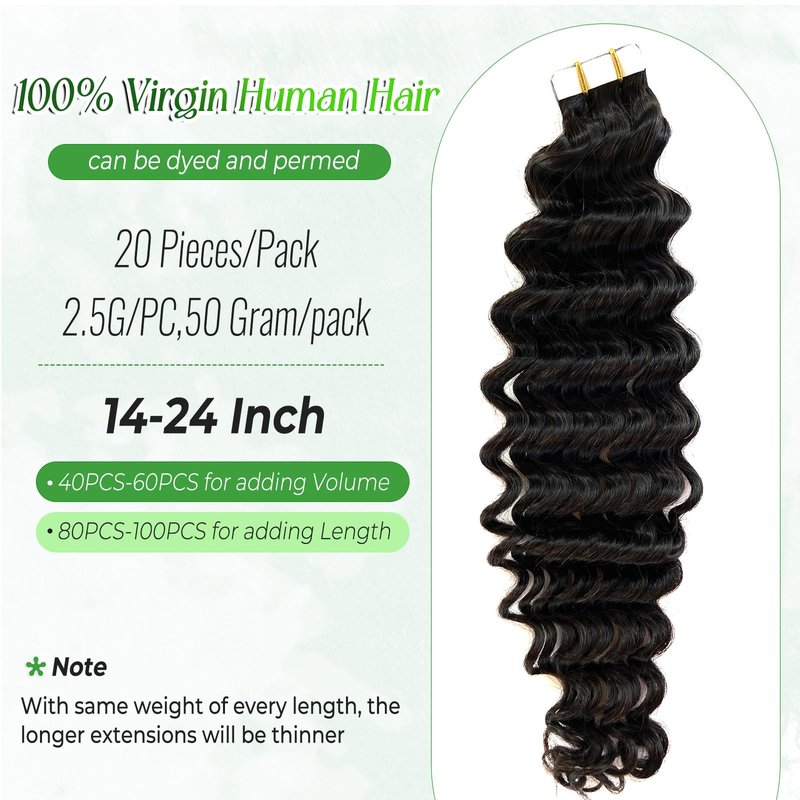 Deep Wave Tape in Hair Extensions Human Hair,20 Inch Black Hair Extensions Real Remy Human Hair Curly Tape ins for Black Women,20pcs Double Sided Invisible Tape Hair Extension 50g/pack