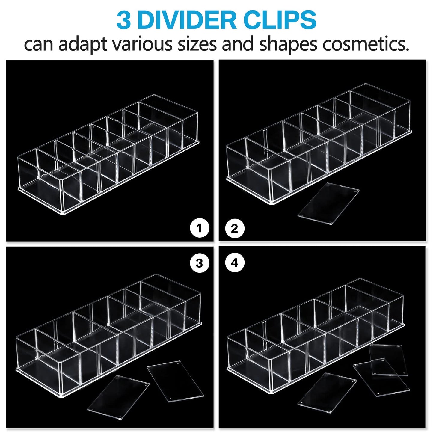 Tuanse 4 Pcs Acrylic Makeup Compact Organizer Detachable 8 Spaces Clear Vanity Drawer Organizer Eyeshadow Palette Storage for Lipstick Highlighter, Skincare Cosmetic Display Cases for Bathroom