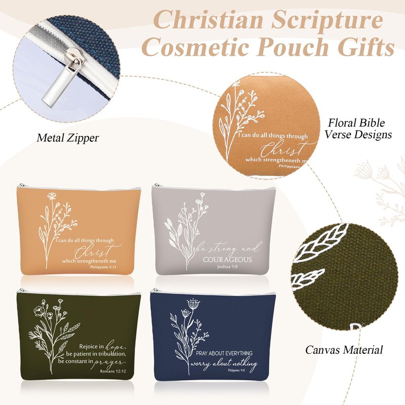 Fumete 4 Set Christian Appreciation Gifts for Men 16oz Skinny Cup Religious Cosmetic Bag and Bible Verse Keychain Church Gifts for Women Father Dad Teacher Nurse(Classic Color,Floral)