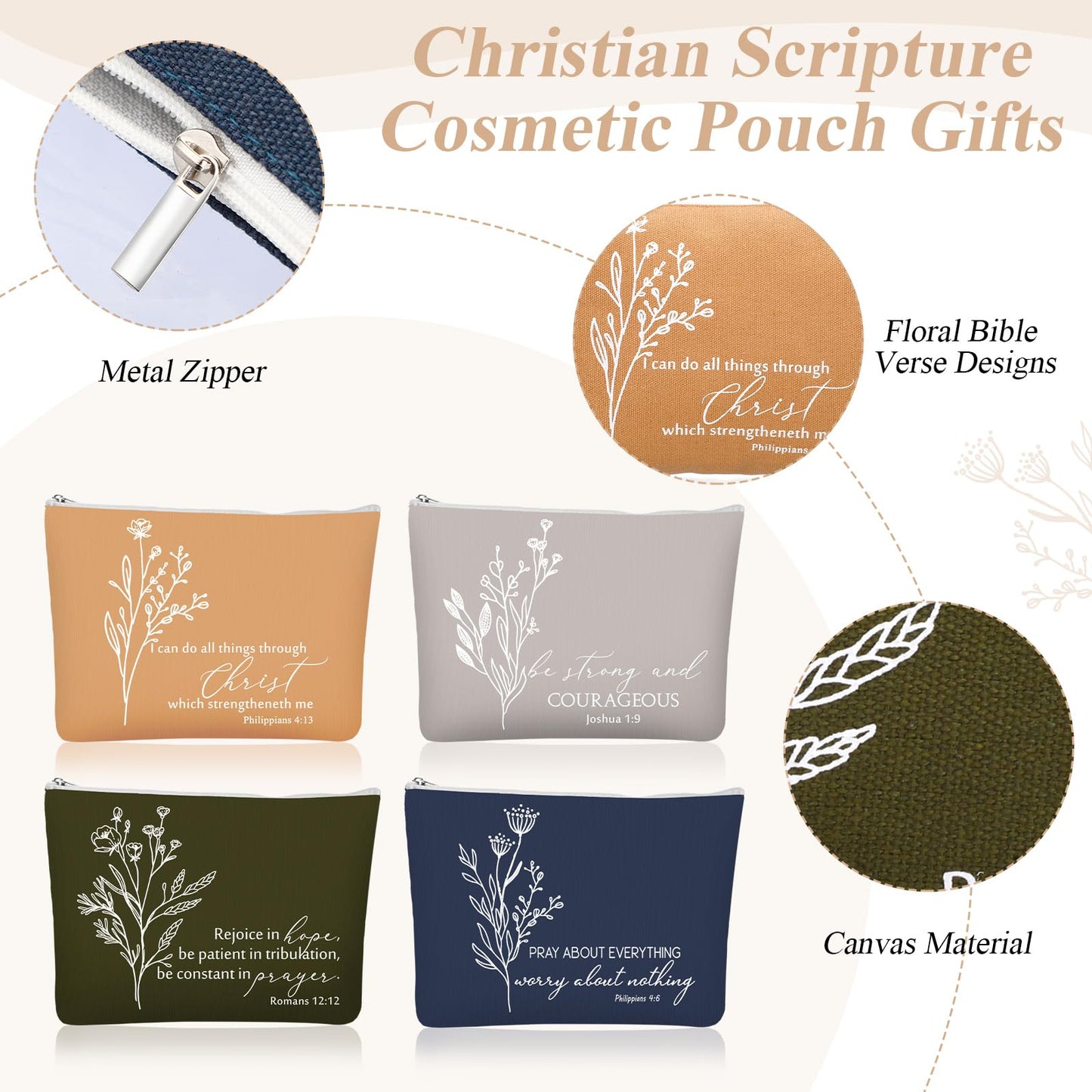 Fumete 4 Set Christian Appreciation Gifts for Men 16oz Skinny Cup Religious Cosmetic Bag and Bible Verse Keychain Church Gifts for Women Father Dad Teacher Nurse(Classic Color,Floral)