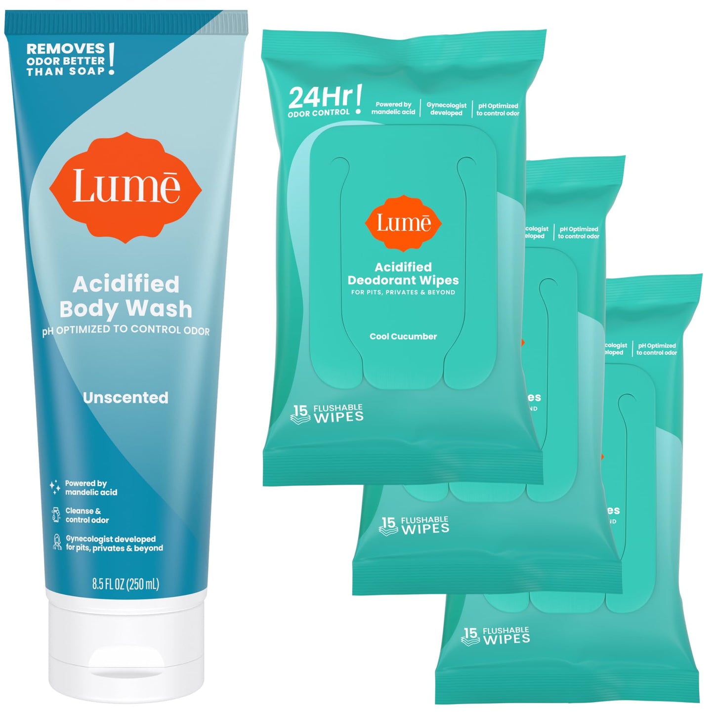 Lume Whole Body Deodorant - Invisible Cream Tube (Unscented) and Lume Acidified Deodorant Wipes (Cool Cucumber) - 24 Hour Odor Control - Aluminum Free, Baking Soda Free, Skin Loving