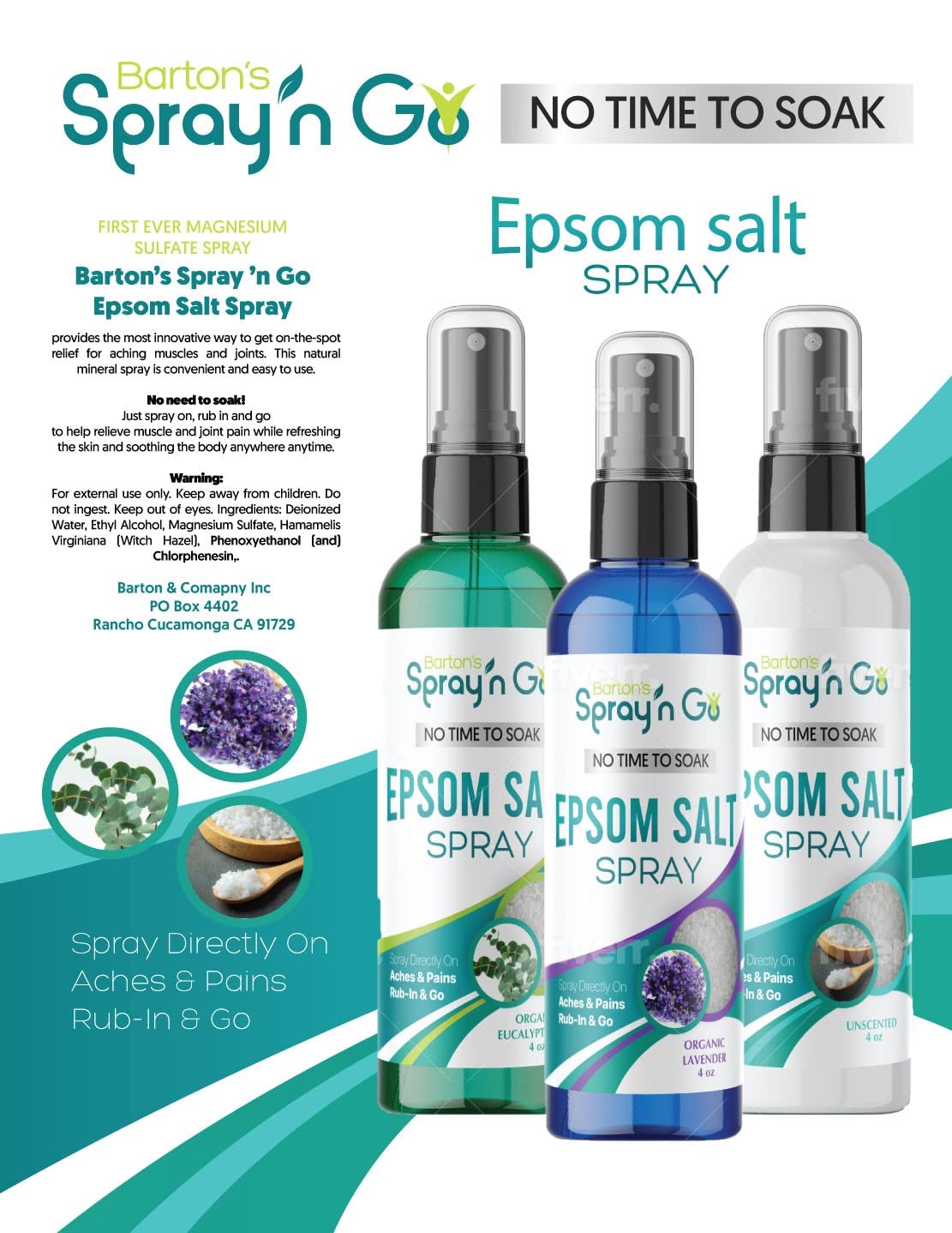Barton’s Spray n Go Epsom Salt Spray, Unscented, Organic Eucalyptus Oil, Organic Lavender, 3-in-1 Set - Helps Muscles and Joint discomfort.