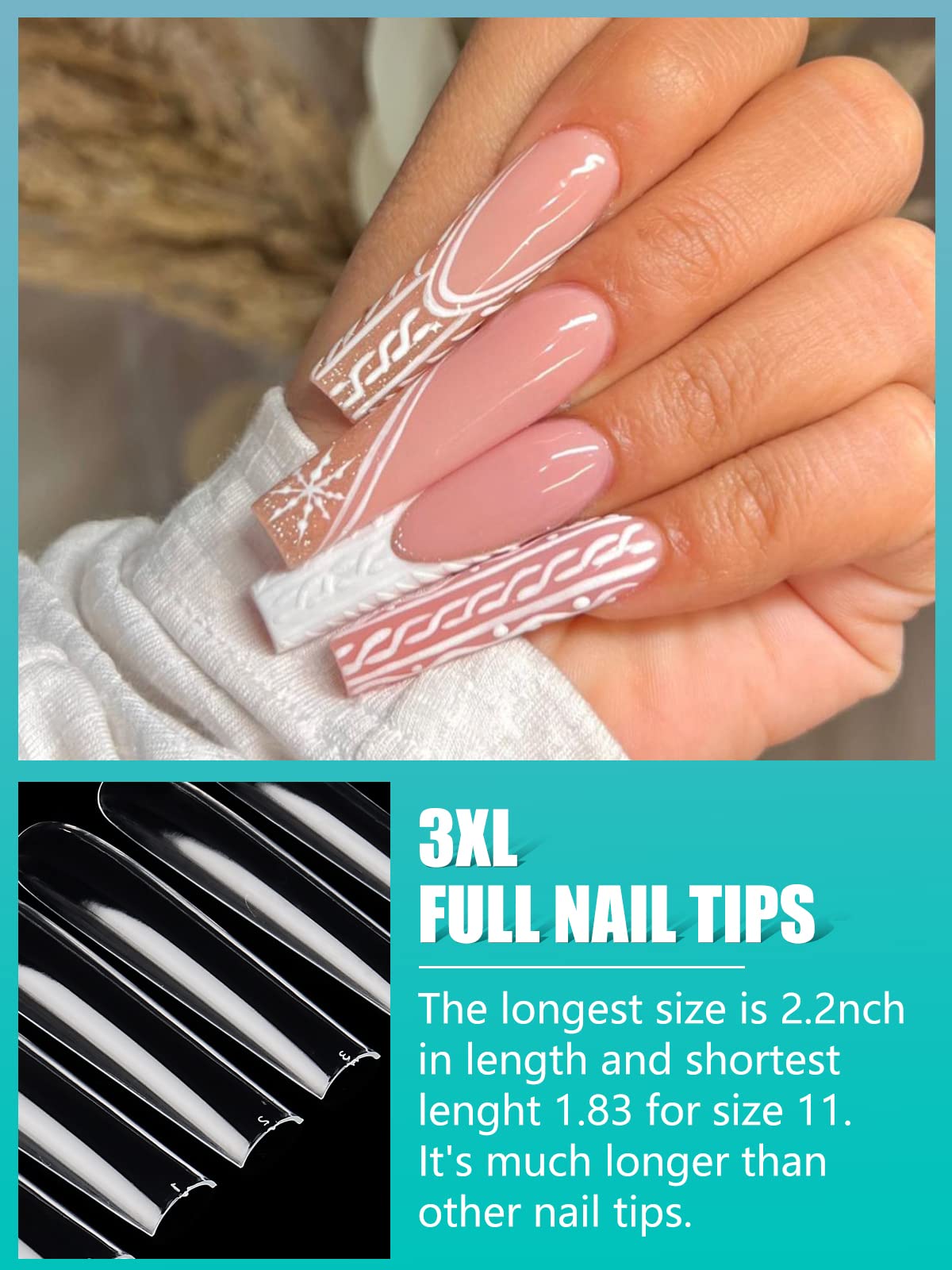 LIONVISON 3XL Clear Full Cover Square Nail Tips for Acrylic Nails Professional, 504PCS Extra Long Tapered Square Straight Nails Tips, 12 Sizes Press On Gel False Nail Tips for Nail Salons Home DIY