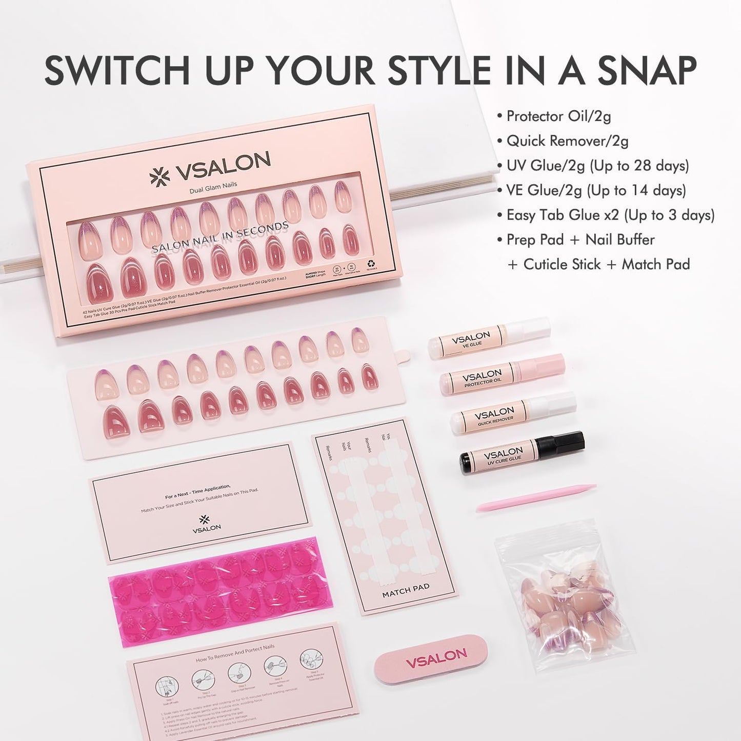 VSALON Short Almond Press on Nails Holographic French Rose Pink Cat Eye