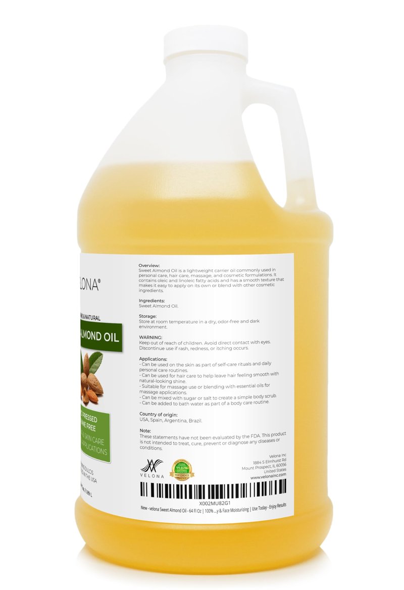 velona Sweet Almond Oil - 64 Fl Oz | 100% Pure and Natural Carrier Oil |Cold Pressed | Skin, Hair, Body & Face Moisturizing | Use Today - Enjoy Results…