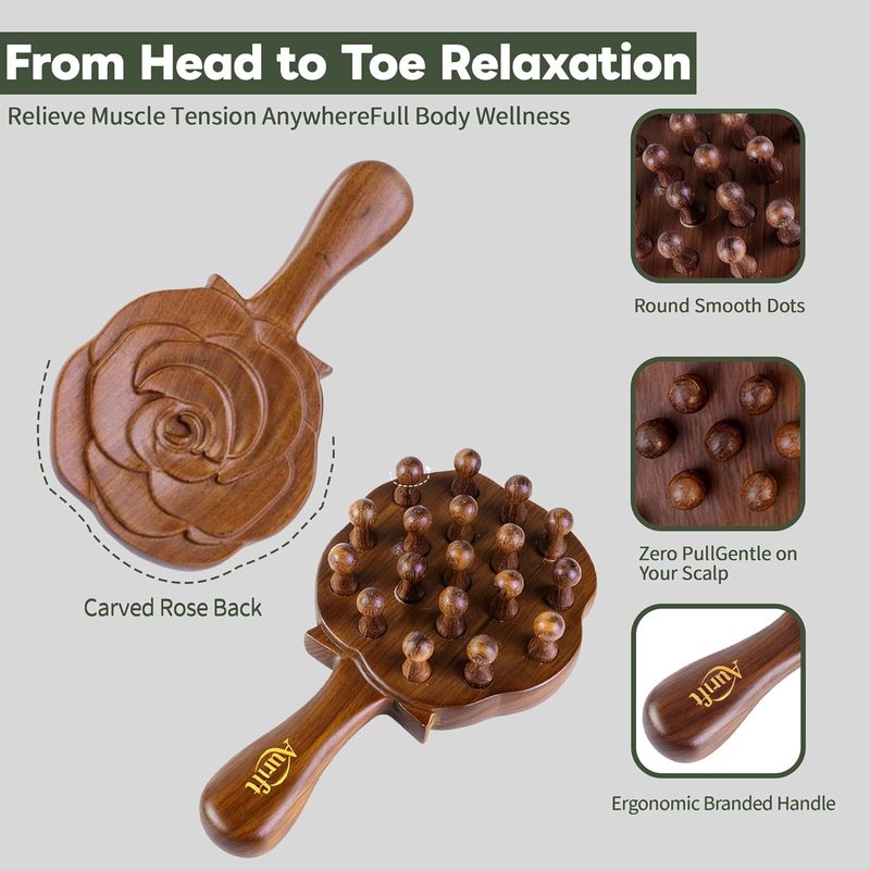 Self Care Relaxation Gift Set for Mom | Natural Wooden Massage Hair Brush & Scalp Gua Sha Tool - Stress Relief Wellness Box