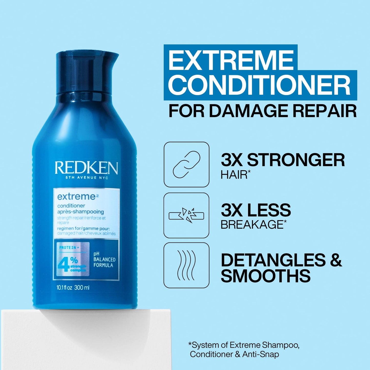 Redken Extreme Shampoo, Conditioner & Anti-Snap Leave-In Treatment Set For Damaged Hair - Repairs and Reduces Breakage, Infused With Proteins