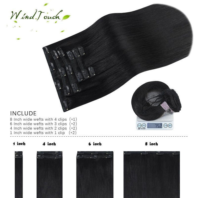 WindTouch Clip In Hair Extensions Real Human Hair Black Hair Extensions Remy Hair 7pcs 18 Inch 75g #1B Natural Black Clip Ins Real Human Hair Black Women