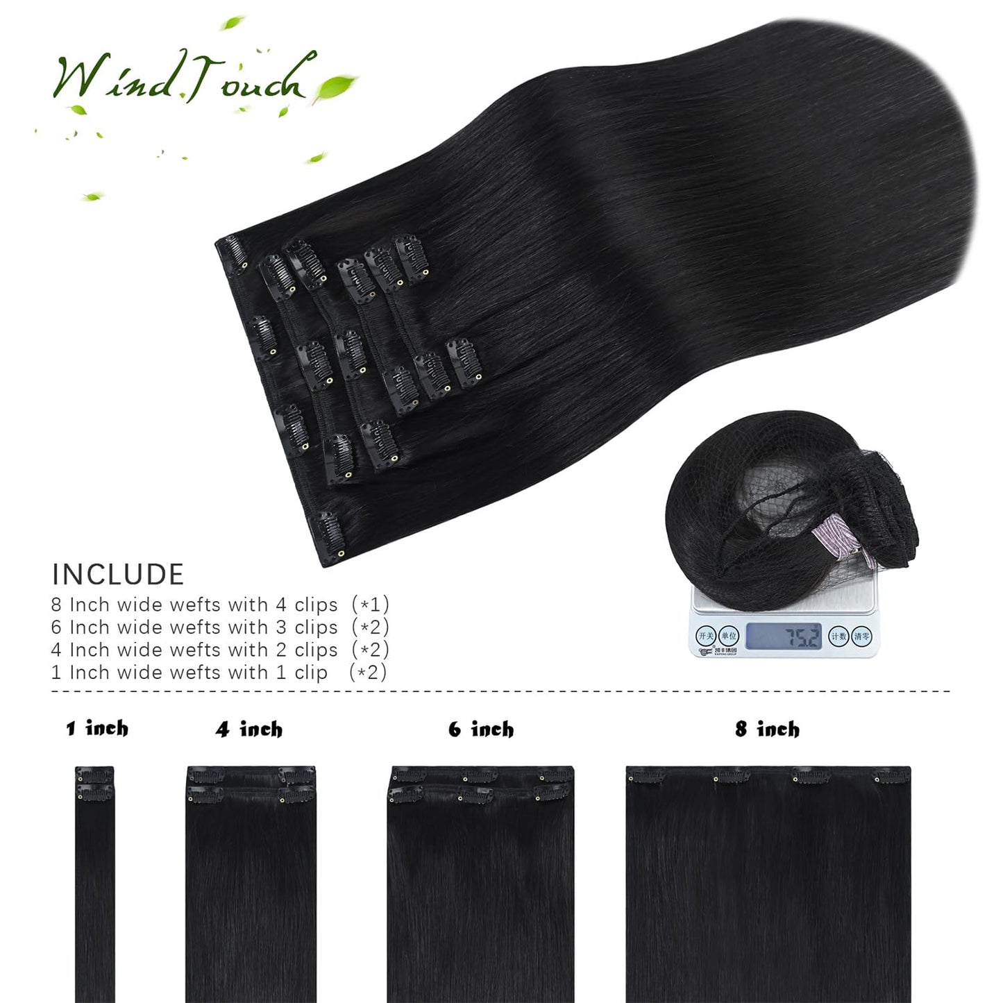 WindTouch Clip In Hair Extensions Real Human Hair Black Hair Extensions Remy Hair 7pcs 18 Inch 75g #1B Natural Black Clip Ins Real Human Hair Black Women