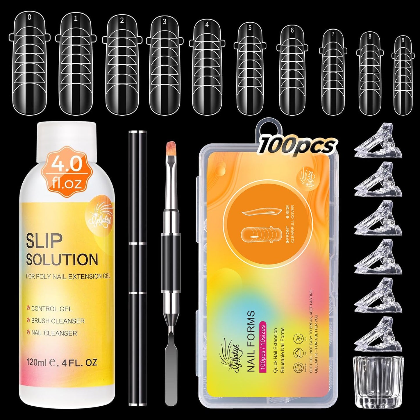 GELLAKTIK 100Pcs Nail Forms Kit, 10 Sizes Reusable Dual nail Forms for Poly Gel & Builder Gel, 120ml Slip Solution Liquid, 6 Clips, Dual-Ended Brush, Nail Art Cup, DIY Pedicure Kit for Beginners