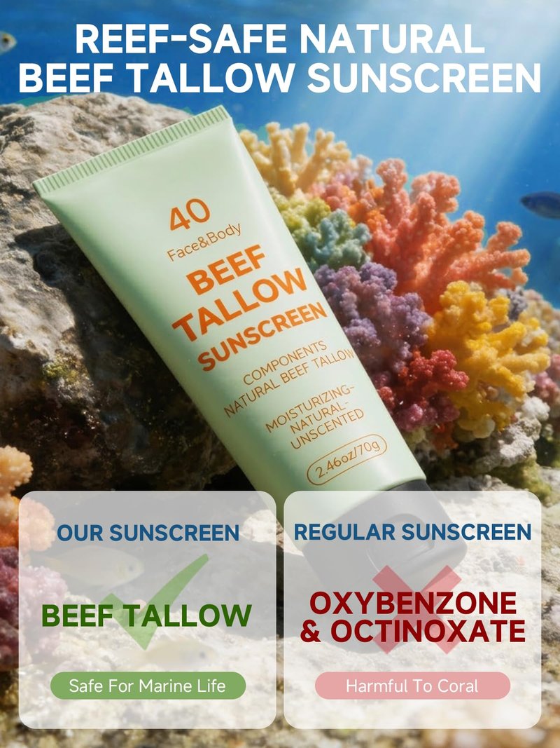 Beef Tallow Reef Safe Sunscreen SPF 40 for Face, Travel Size Natural Organic Non-Greasy Lightweight Formula For Women & Men, Summer Outdoor Sports Beach Home Office Daily Use, 4 Packs