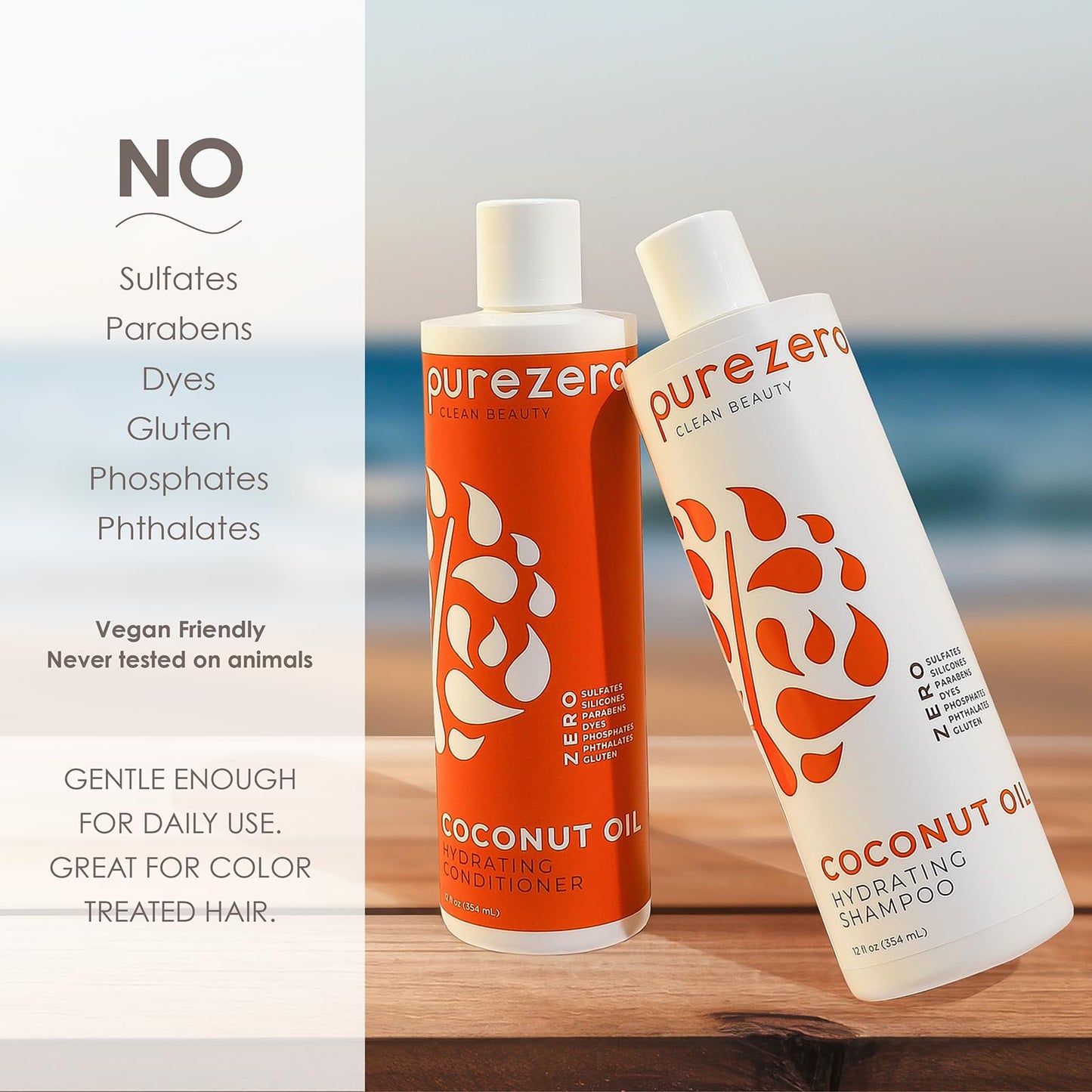 PureZero Coconut Oil Hydrating Silicone Free Shampoo & Conditioner Set – Vegan Formula for Dry or Color-Treated Hair – Deep Moisture, Sulfate-Free, Paraben-Free, Cruelty-Free Hair Care Duo, 2 × 12 oz