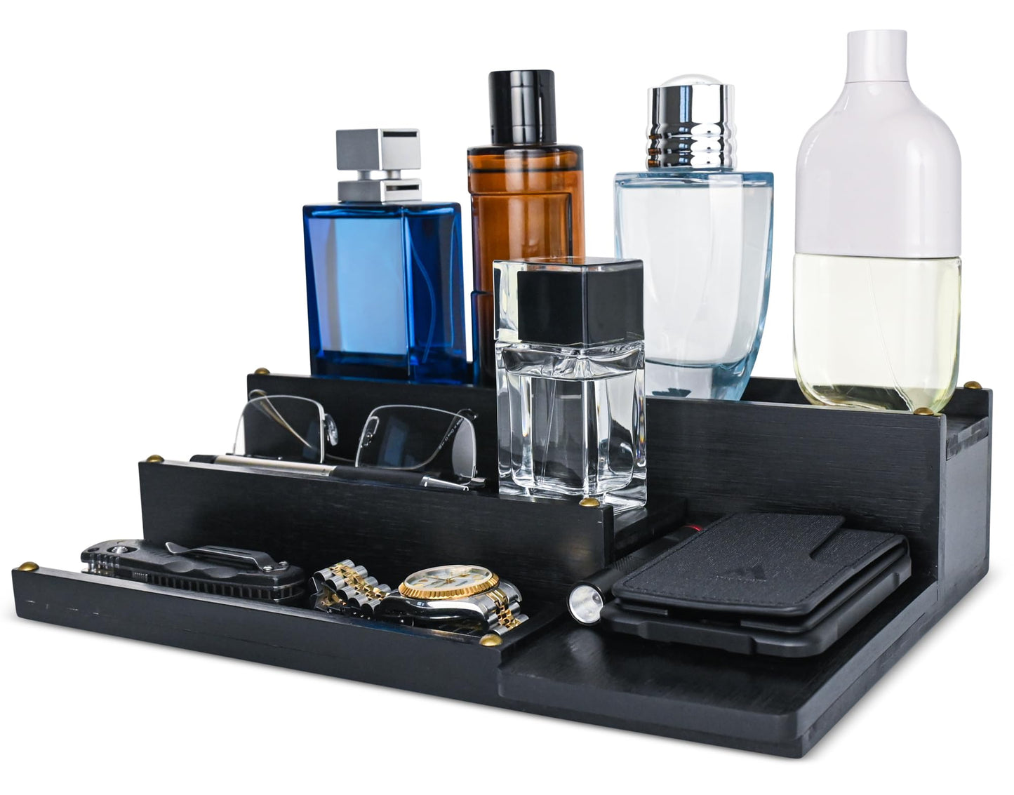 Manzano Essentials Cologne Organizer for Men, Bamboo Wood 4 Tier Display Stand with 2 Hidden Compartments, Perfume, Vanity, Dresser, EDC Organizer, Rustic Black