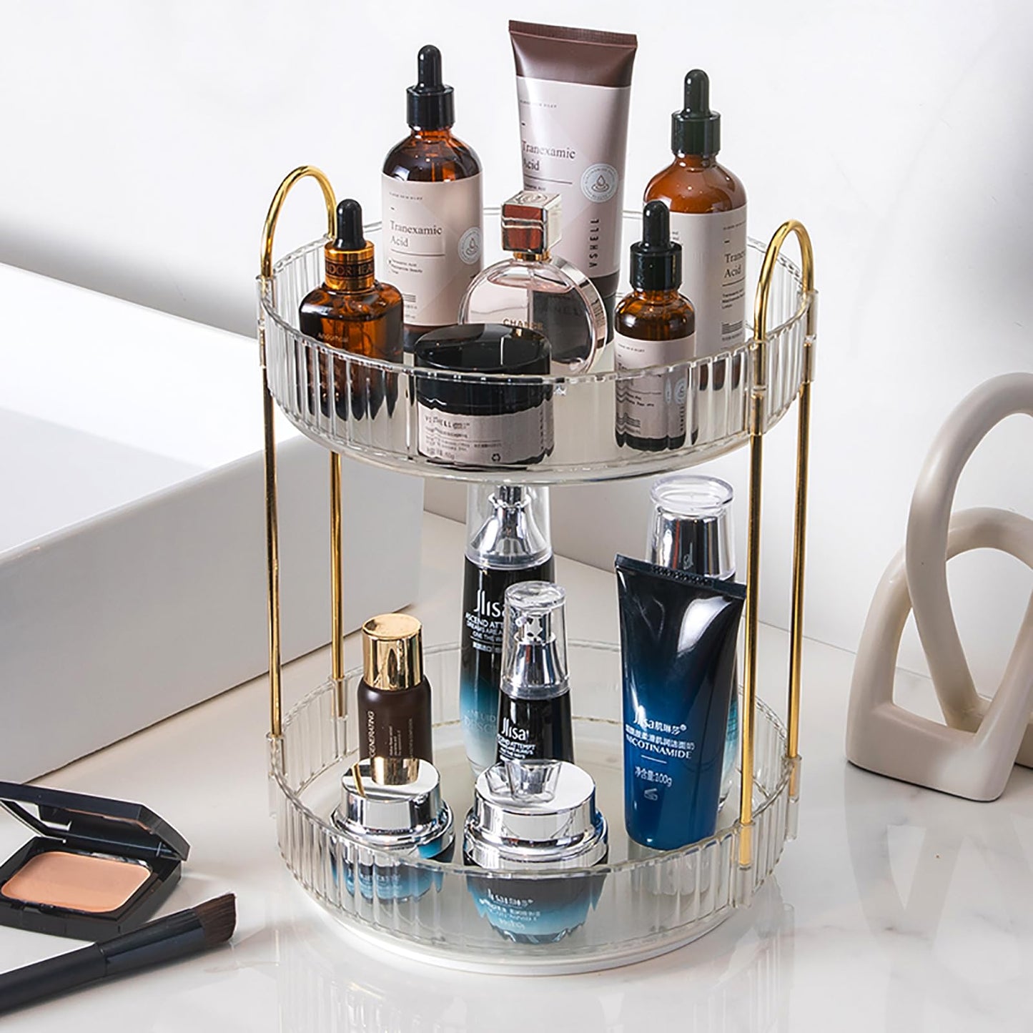Zufudo Rotating Makeup Organizer Countertop 2 Tier Lazy Susan Trays Clear Skincare Perfume Storage for Bathroom Counter Vanity, Transparent