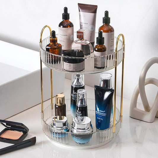 Zufudo Rotating Makeup Organizer Countertop 2 Tier Lazy Susan Trays Clear Skincare Perfume Storage for Bathroom Counter Vanity, Transparent