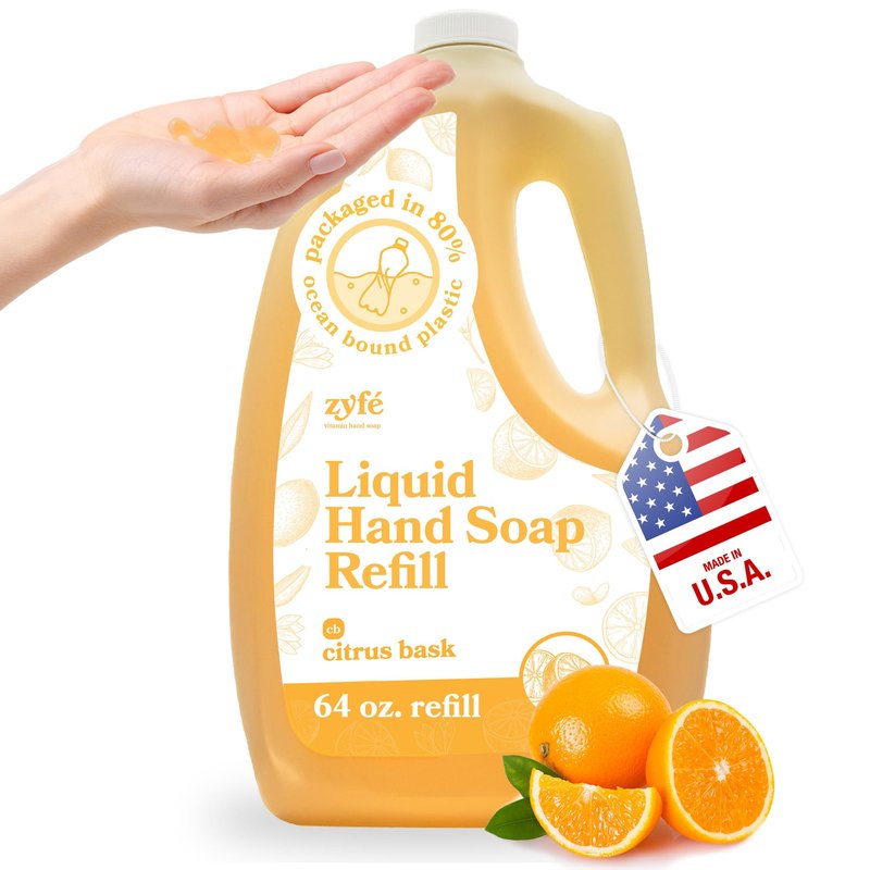 ZYFE Vitamin infused Liquid Hand Soap Refill - Natural Plant Derived Moisturizing Handsoap with Essential Oil Fragrance Coconilla Key - Soft Hand Wash for Kitchen & Bathroom - Lush Soft Soap 64oz